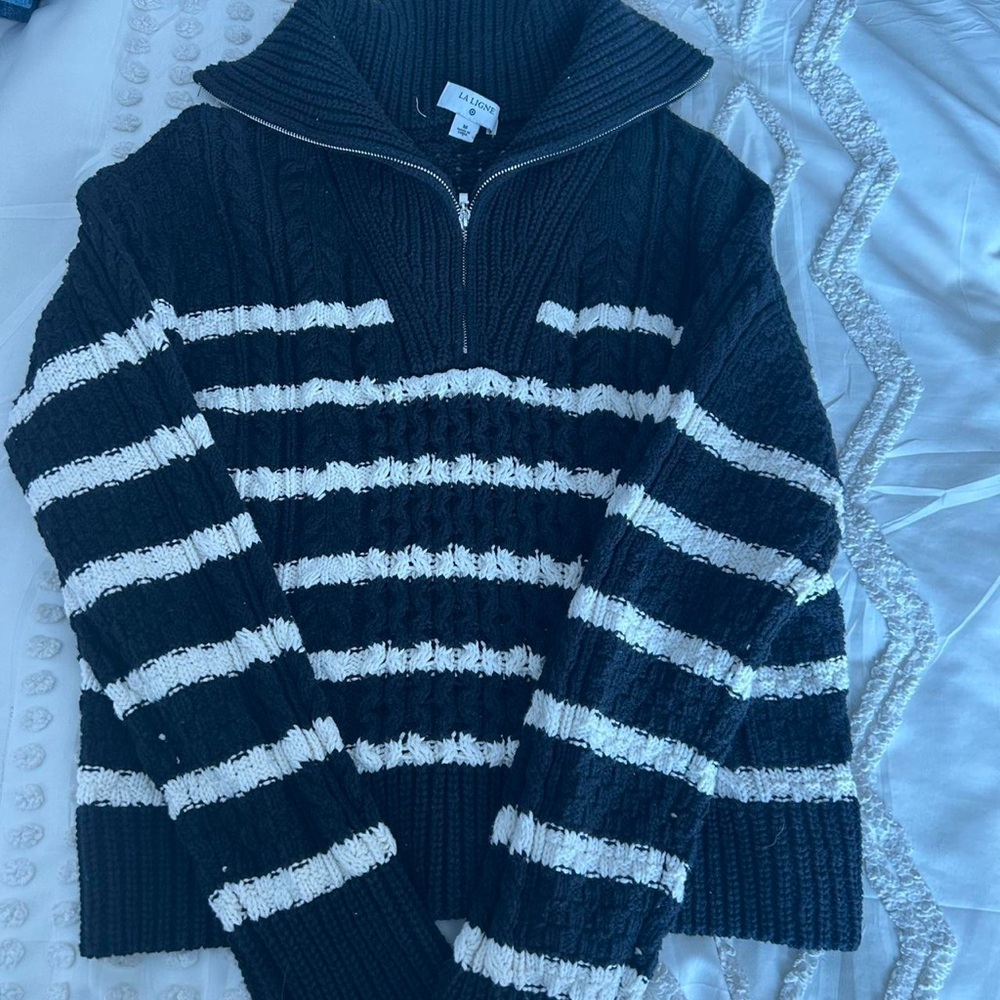 La Ligne Women's Black and White Striped Zip-Up Sweater